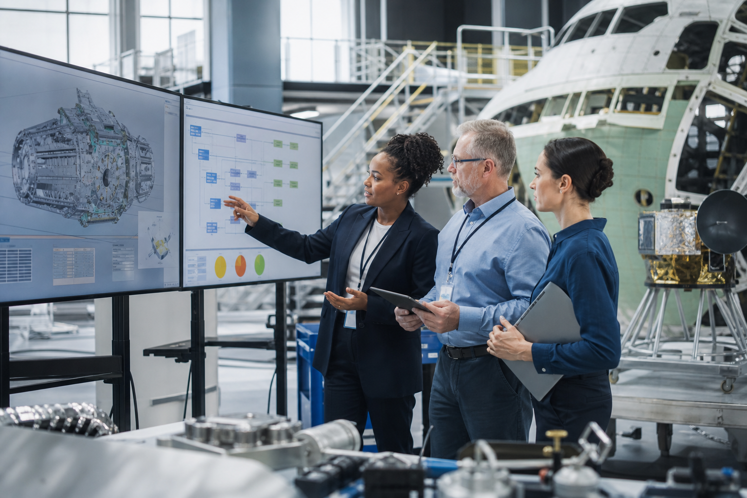 Aerospace engineering and programme professionals reviewing systems integration and programme risk