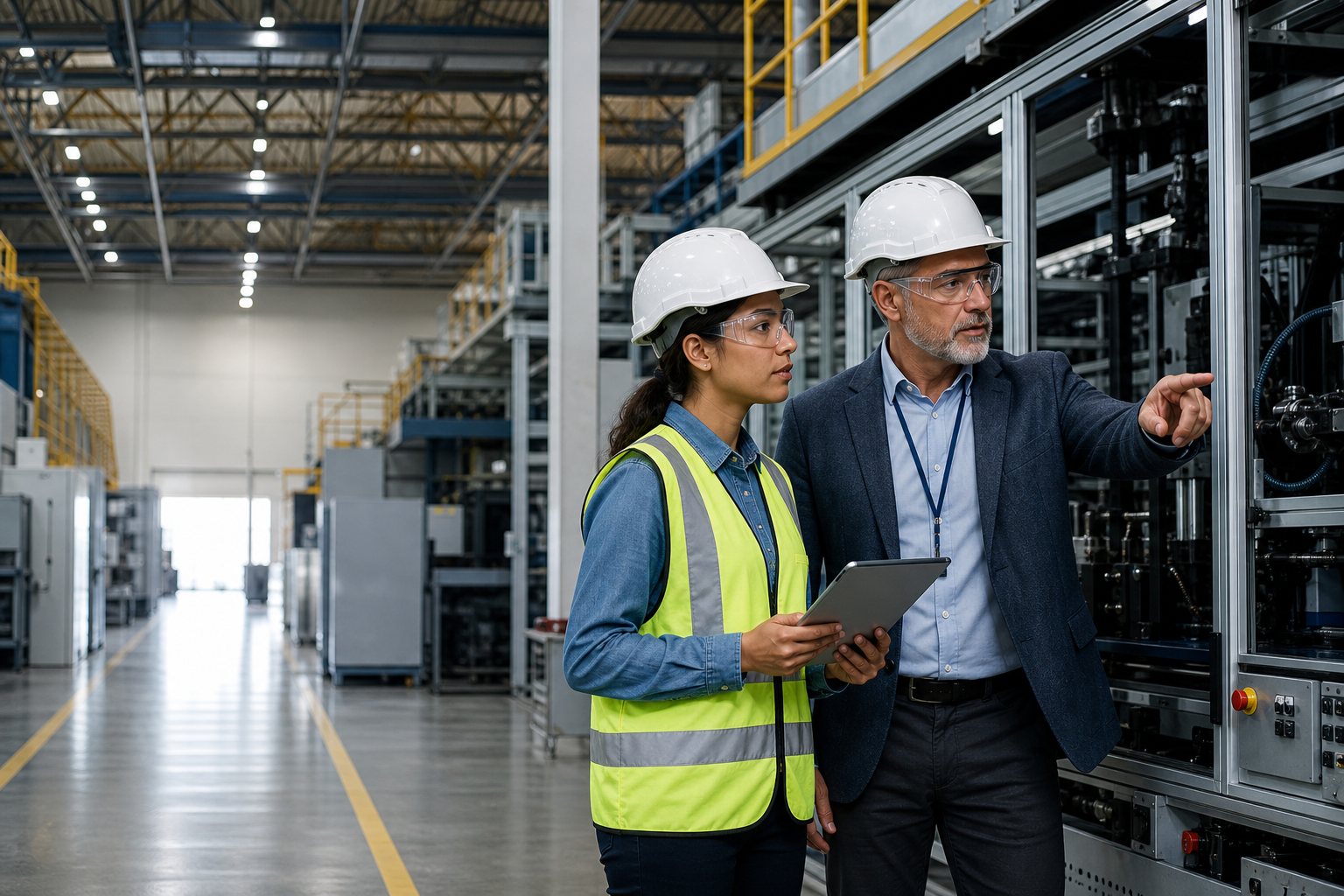 Manufacturing operations professionals reviewing production equipment in a modern facility
